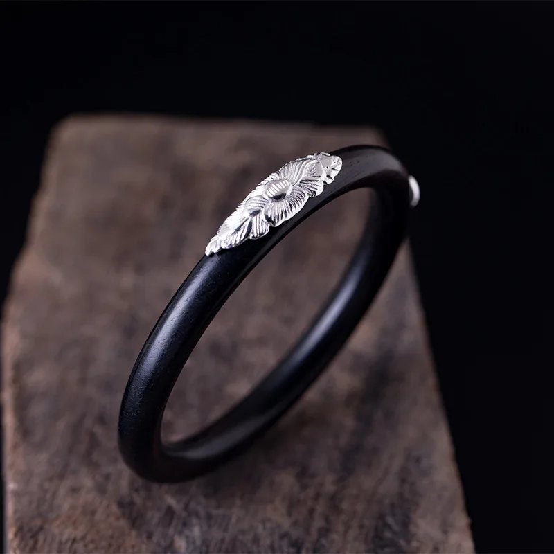 Amxiu Vintage 925 Sterling Silver Bangle Natural Black Ebony Bangles Handmade Bracelets For Women Men Gift Accessories | Украшения и