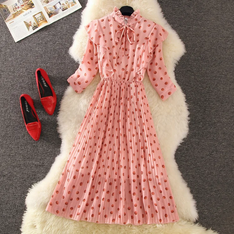 Летнее платье 2019 женское розовое в горошек с милым бантом и рюшами шифоновое