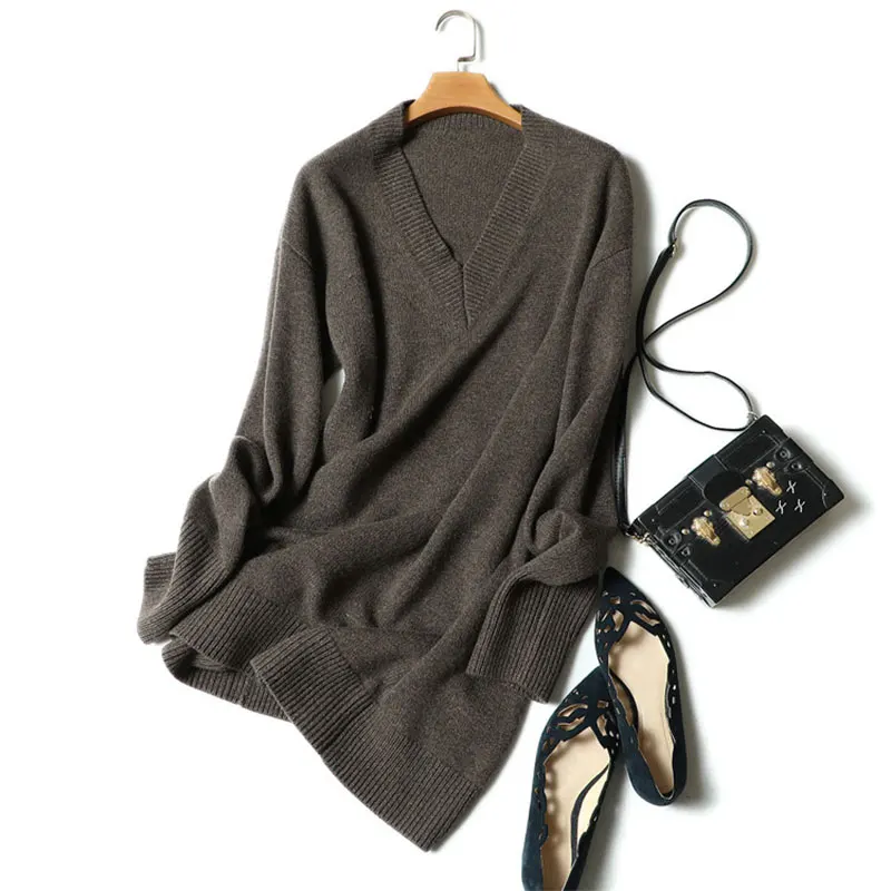 Kashana Top Fashion Girls Cashmere Dress Woman Winter Knitted Dress Fashion Deep V-neck Thick Ladies Dress Free Shipping - Цвет: Coffee