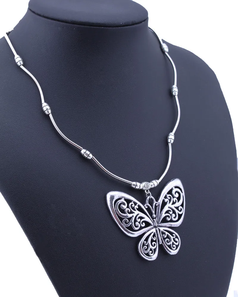 Богемные винтажные этнические ювелирные изделия из тибетского серебра резные полые подвески бабочки ожерелья цепочка на свитер для женщин ювелирные изделия