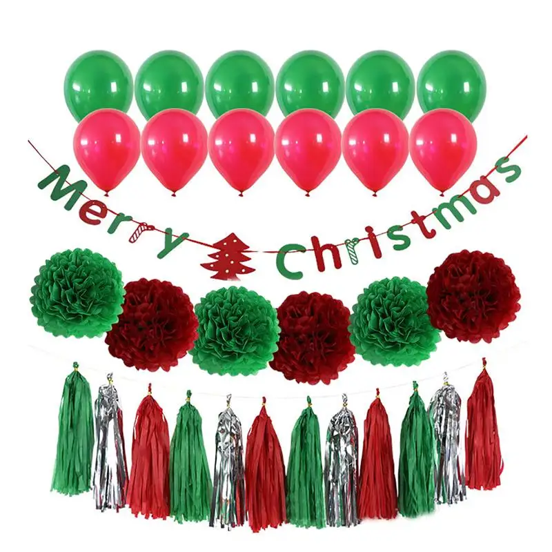 

31PCS Christmas Banner Set Merry Christmas Letter Banner with Balloons Paper Pom Poms and Tassels