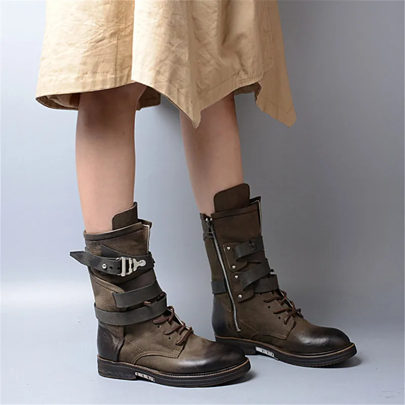 

Fashion Green Women High Boots Lace Up Straps Botas Mujer Female Autumn Platform Rubber Flat Shoes Riding Boot