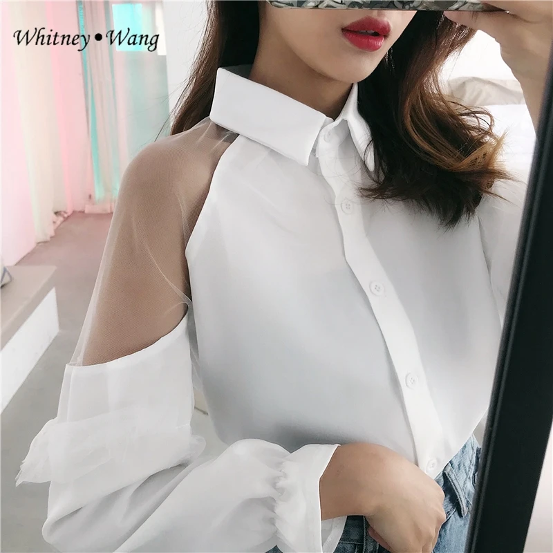 WHITNEY WANG 2019 Spring Fashion Streetwear Sexy See Through Mesh Patchwork Blouse Women blusas Shirt Tops |