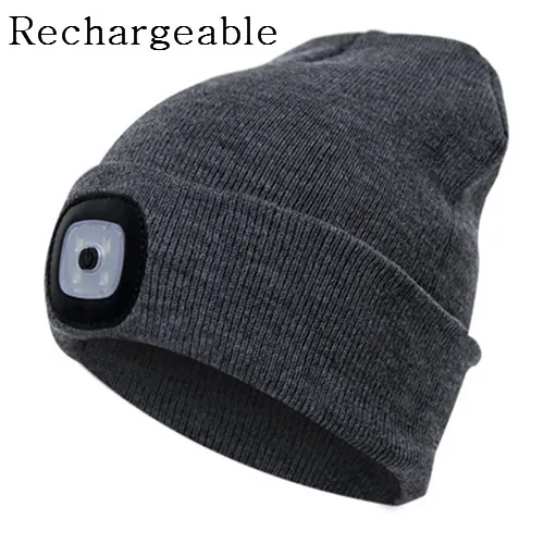 Gray rechargeable Светодиодный головной убор унисекс с подсветкой, зимняя теплая вязаная шапка для рыбалки, бега, светодиодный фонарик, походная альпинистская кепка вязаная шапка - Цвет: Gray rechargeable
