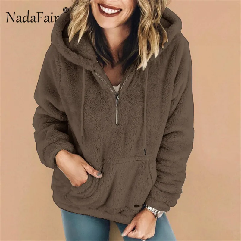 Nadafair толстовки с капюшоном из искусственной овчины женские повседневные флисовые меховые толстовки на молнии женские осенние зимние пуловеры с длинным рукавом Топы