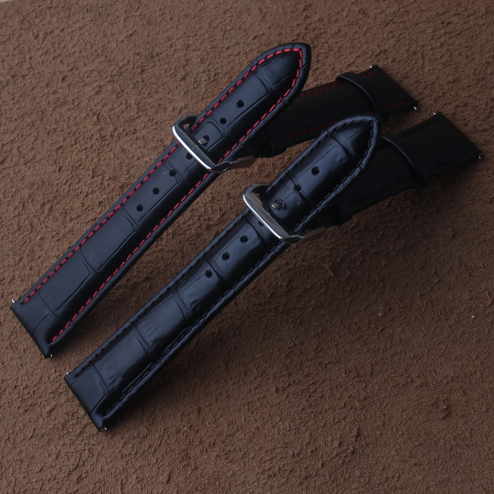 

On Sale Watchbands Genuine Leather Watch Bands Black red line calfskin straps stainless steel buckles 20mm 22mm Watch Accessory