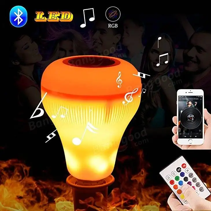 Беспроводной bluetooth динамик E27 светодиодный RGB светильник с пламенем для музыки