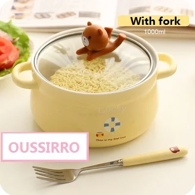 OUSSIRRO мультяшная креативная миска для лапши с крышкой керамическая чаша Милая Студенческая чаша для супа - Цвет: 2