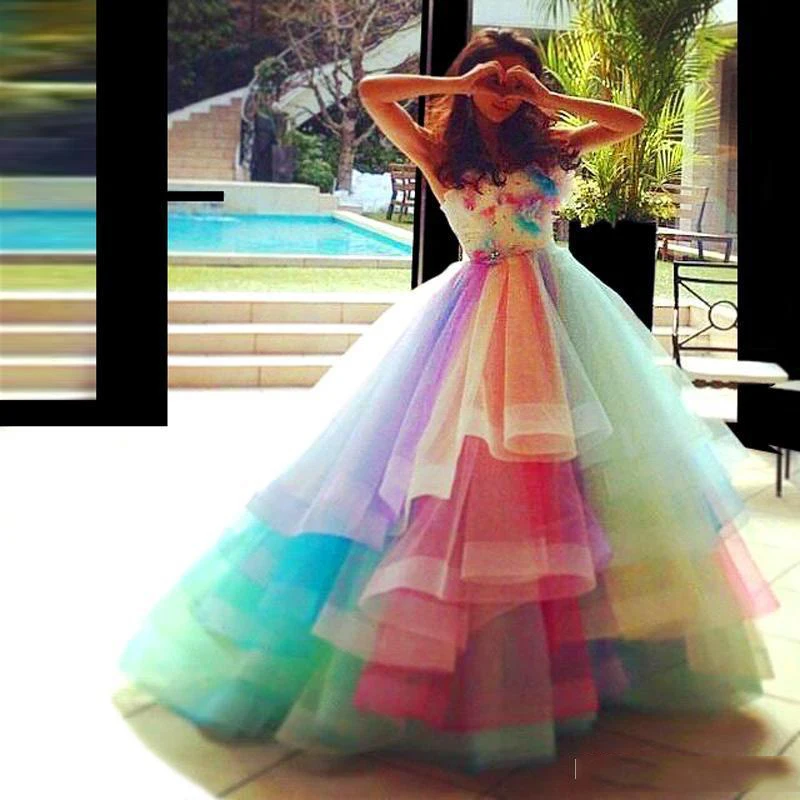 

Rainbow Women Dress Custom Made Fantastic Cascading Ruffle Evening Gowns Strapless Floor Length Party Dresses Real Photo Refer