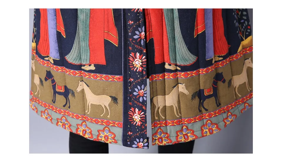 Winter Jacket Women Thick warm Long Parka Mujer Cotton Padded coat vintage Button Print Overcoat plus size Women Tops
