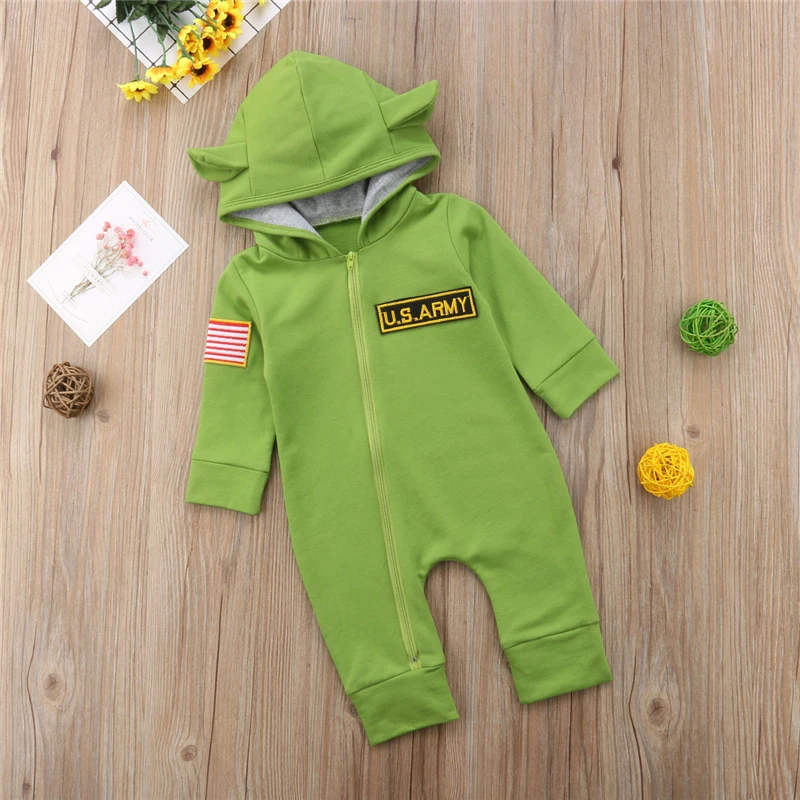 Newborn Baby Girl Boy US ARMY GREEN Romper Jumpsuit Hooded Overalls Sunsuit Toddler Kids Cotton Warm Zipper Rompers Clothes |
