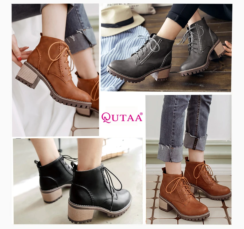 QUTAA/ г. Женские ботильоны модные однотонные черные женские ботинки на высоком квадратном каблуке, с круглым носком, на шнуровке, в западном стиле Размеры 33-43