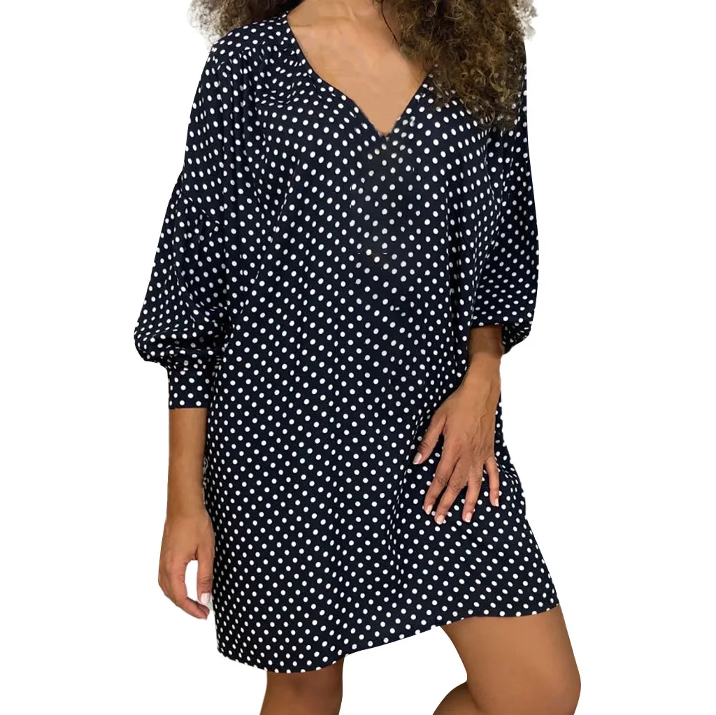 Women Size Loose Polka Dot Long Sleeve V-neck Mini Length Dress plus size dresses for women Dress sukienka robe party dress