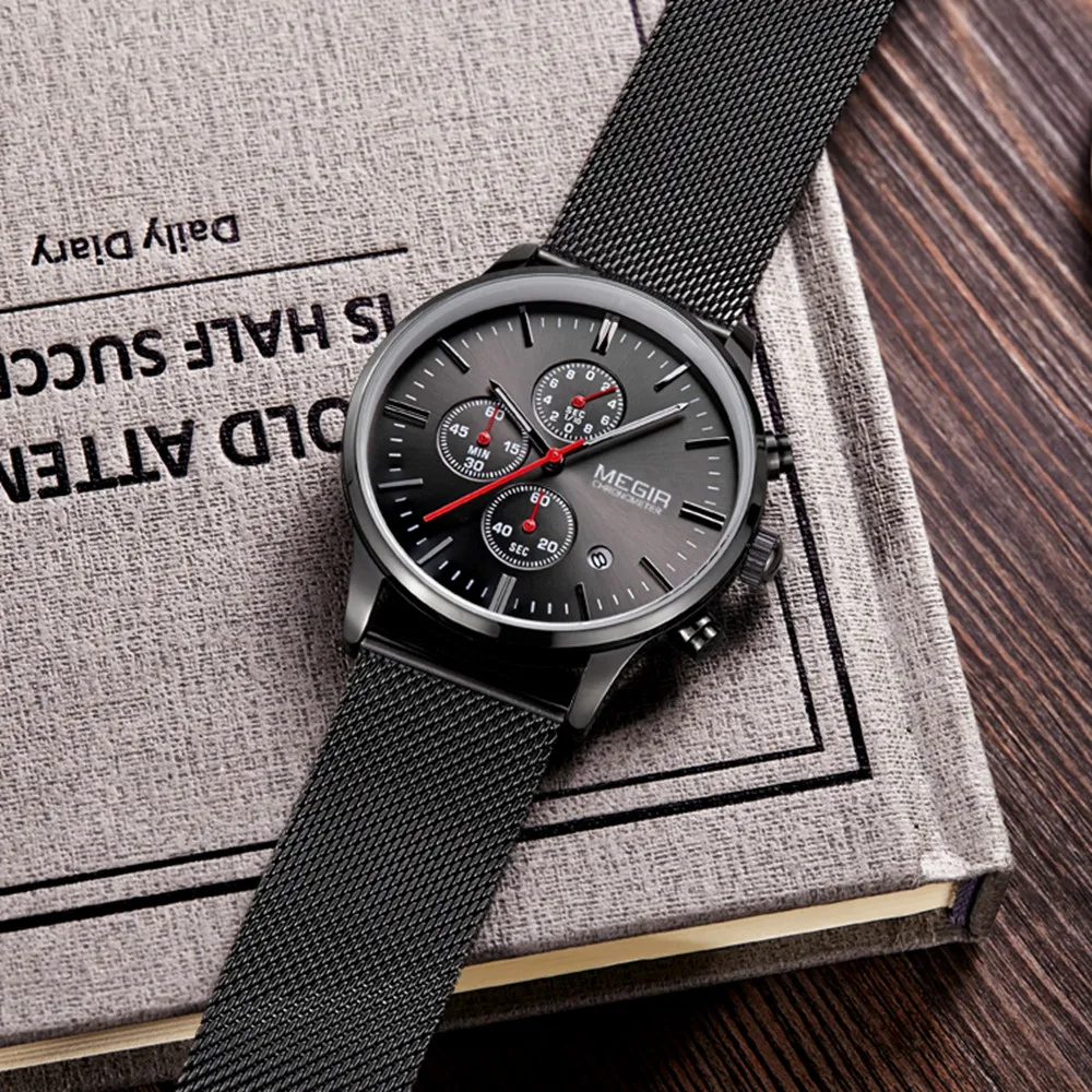 Мужские наручные часы MEGIR черные с хронографом и стальным ремешком деловые