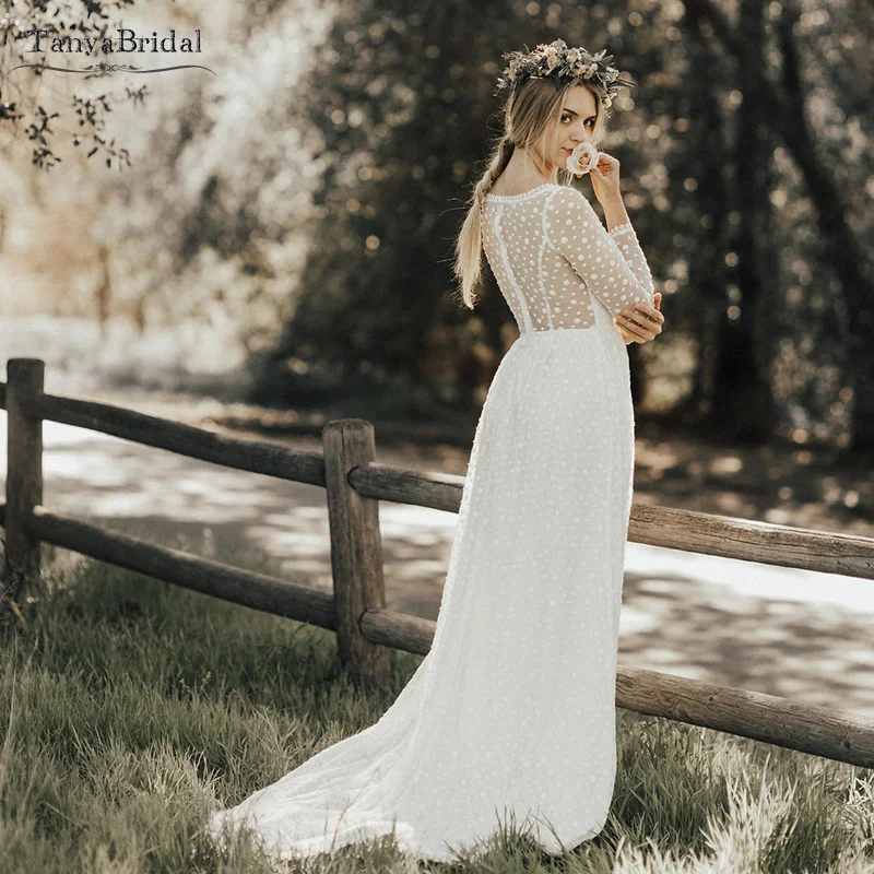 Игривые Boho подчеркивающие комфорт Свадебные платья с v-образным вырезом и длинным рукавом Vestido De noivas в горошек кружевные Элегантные Свадебные платья DW001