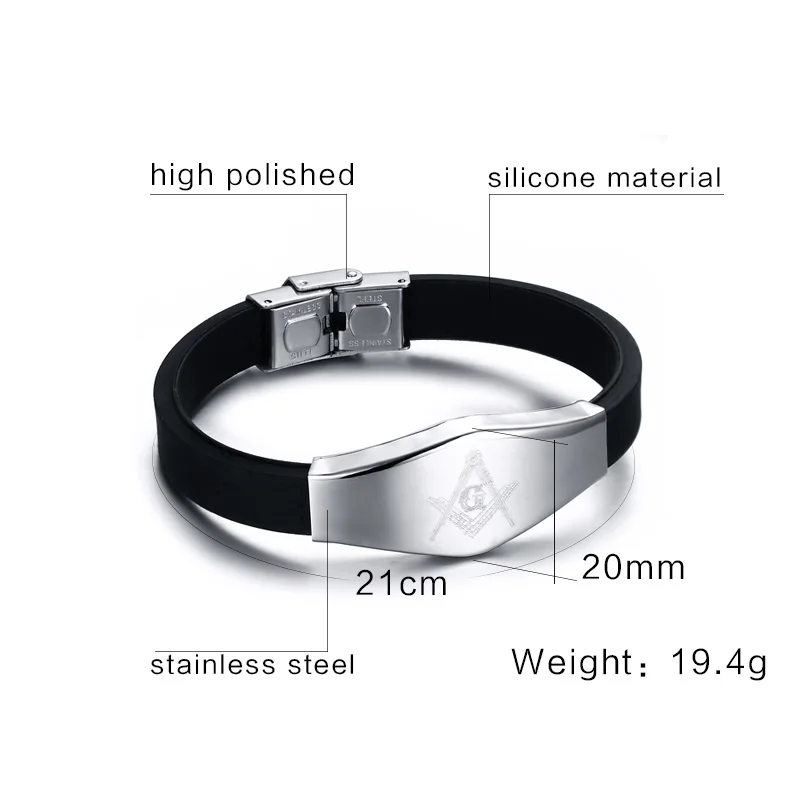 Vnox Masonic Silicone Bracelet Bangle Stainless Steel Adjustable Length Clasp|silicone bracelet|bangle stainless steelstainless steel |