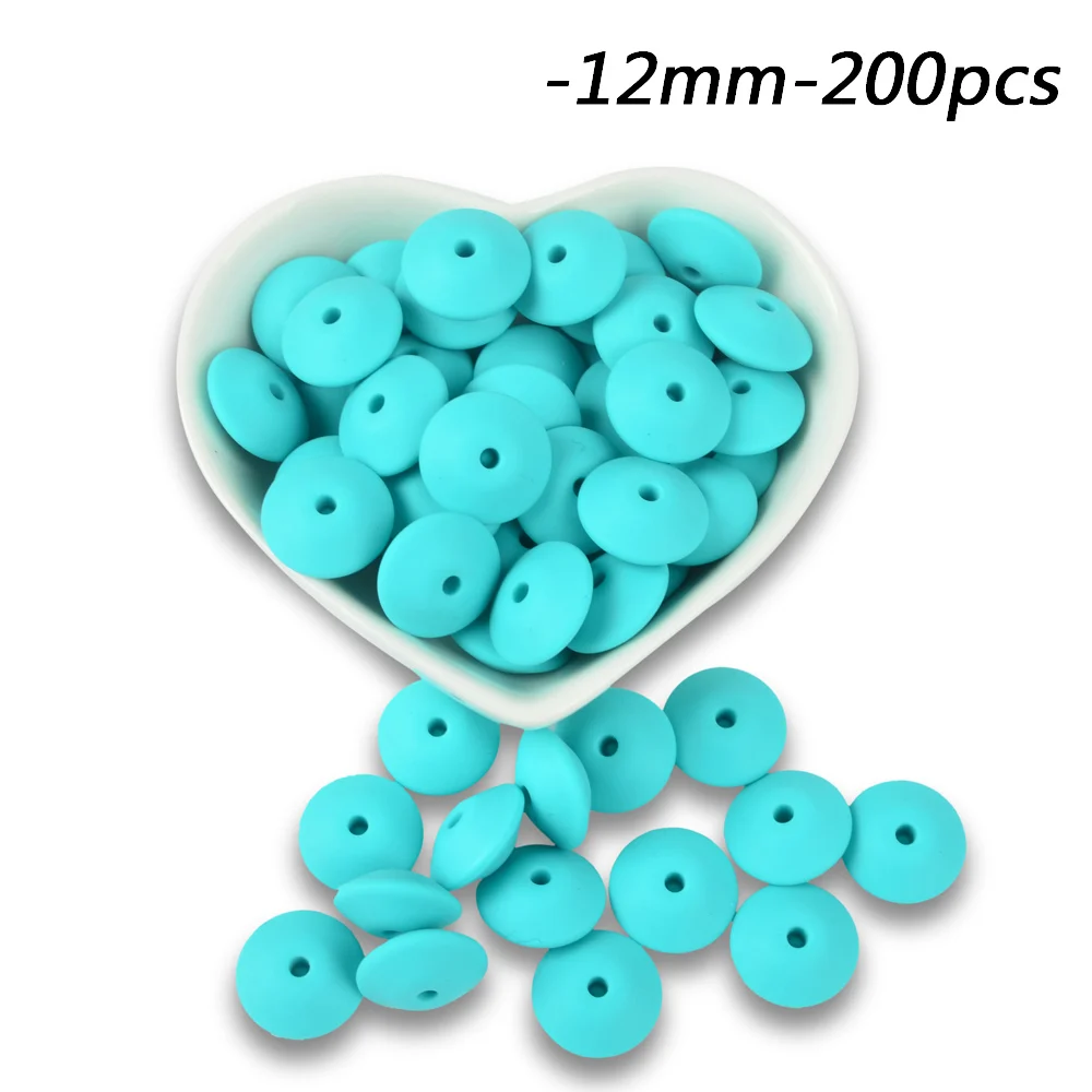 turquoise LOFCA, 200 шт./лот, пищевая чечевица, силиконовые бусины, 12 мм, без бисфенола, Детские Прорезыватели, игрушки для кормления, подарок для прорезывания зубов, ожерелье, браслет, сделай сам - Цвет: turquoise