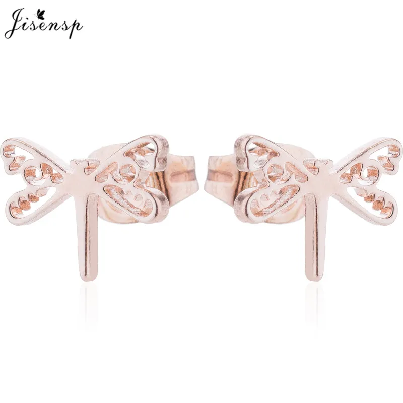 rise gold earrings Jisensp Простые Модные серьги-гвоздики в виде стрекозы для женщин, серьги из нержавеющей стали в виде животных, ювелирные аксессуары, подарок для девочек - Окраска металла: rise gold earrings