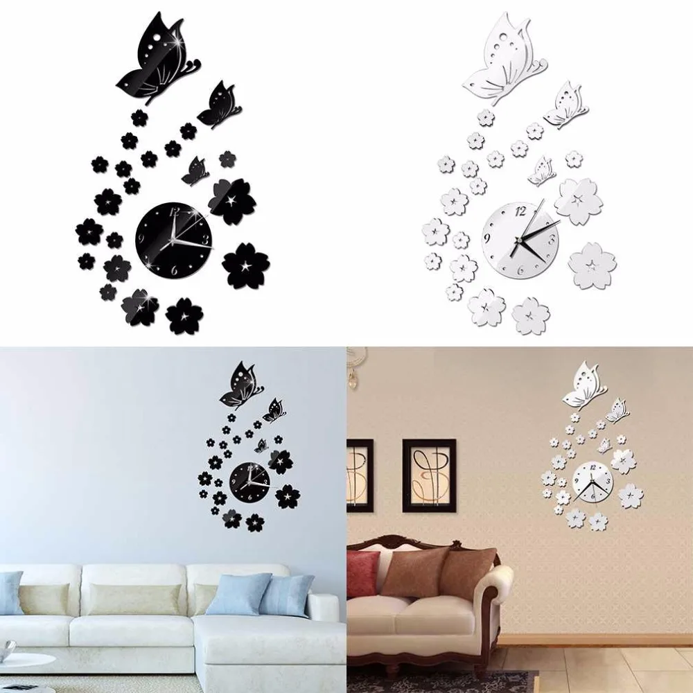 Hot Sales Mirror Wall Stickers 3D Clock Butterfly Pattern Home Decoration Contemporary Quartz Living Room | Дом и сад