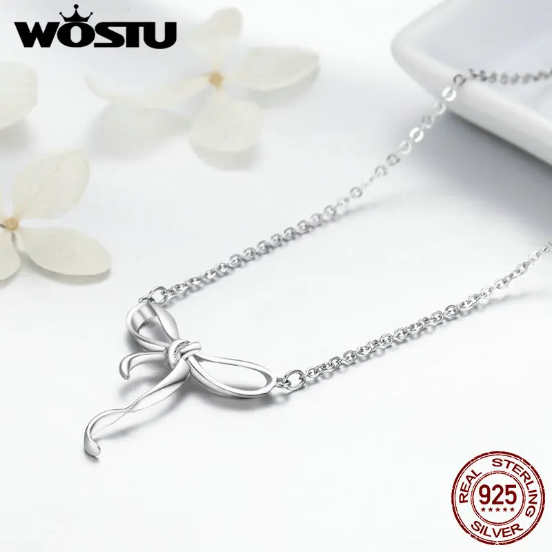 WOSTU, дизайн, 925 пробы, серебро, милый бант, подвеска, чокеры, ожерелья для женщин, ювелирный подарок, FIN135