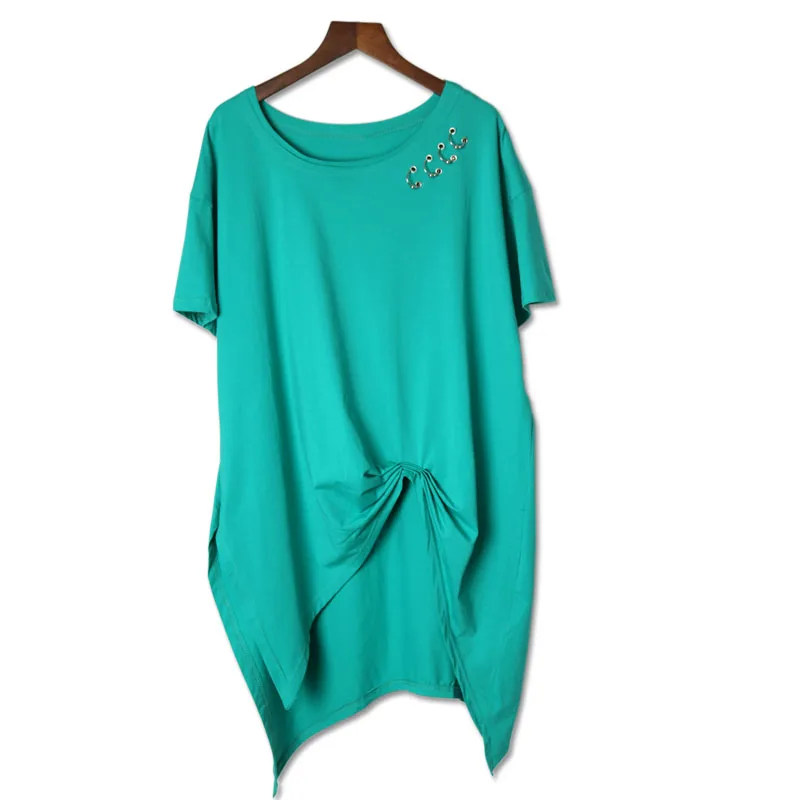 Solid High Low Top Summer New Style O Neck Short Sleeve Fashion T shirts Rivet Irregular hem women tops lady Vintage t shirt | Женская