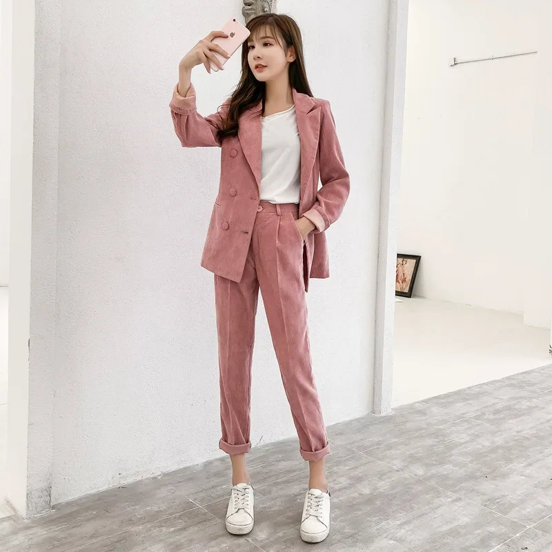 Autumn And Winter New Women's Corduroy Blazer Two Piece Sets Notched Collar Casual Jacket Loose Female Clothing