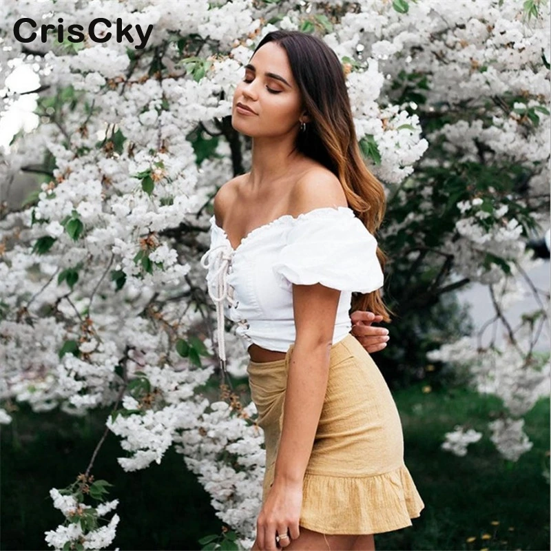 CRISCKY/Новинка женская футболка длинный рукав фонарик с оборками короткие женские