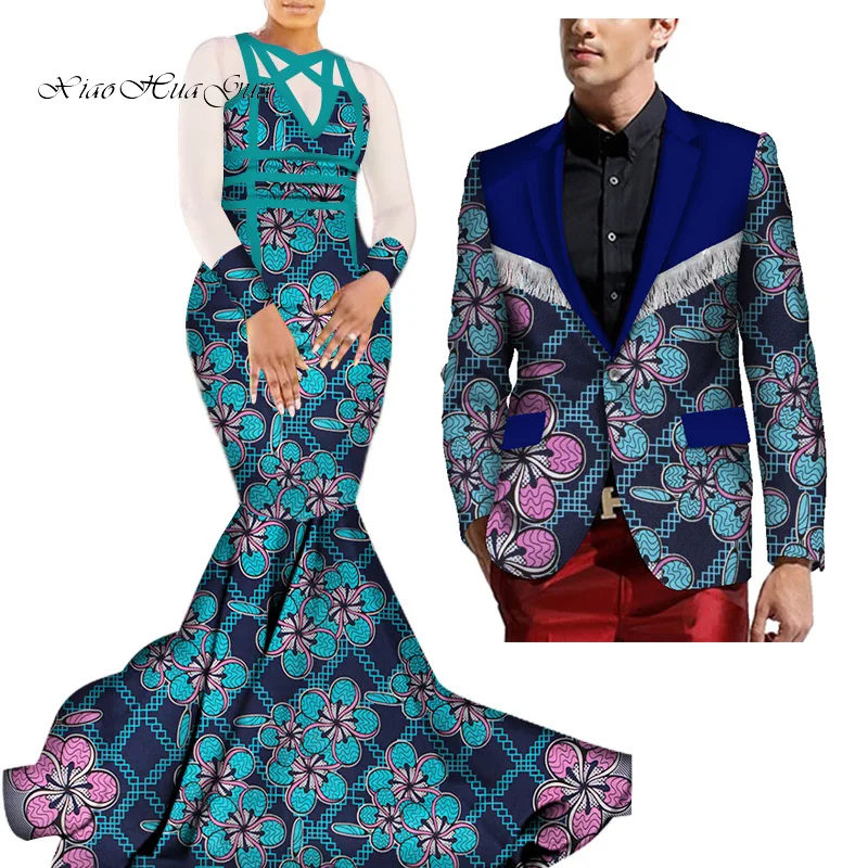 African Mermaid Bazin Riche Dresses for Couples Dashiki African Couple Clothing Women's Dress+Men's Blazer 2 Pieces Set WYQ275