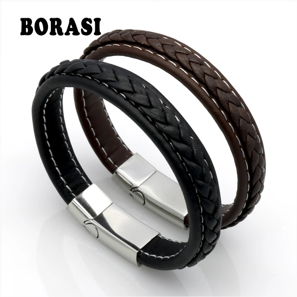 

Top Quality Genuine Leather Bracelet Men Stainless Steel Leather Braid Bracelet With Magnetic Buckle Clasp pulseiras masculina