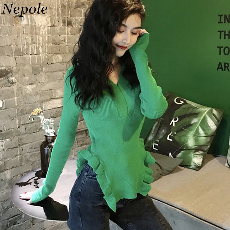 Neploe Ruffles Irregular V-Neck Women Sweater 2020 Spring Autumn Slim Sexy Sueter Mujer Solid Knitted Female Chic Pullover 69523 | Женская