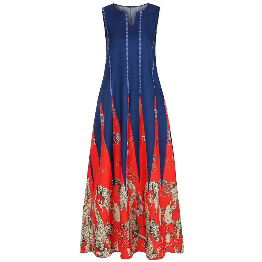 

Boho Summer Dress Totem Print Maxi Long Dress Women Plus Size Sexy Sleeveless Casual Pocket Elegant Beach Dresses Vestidos Robe
