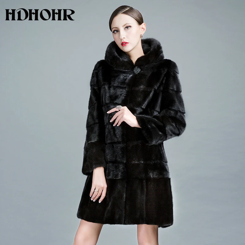 HDHOHR, новинка, шуба из натурального меха норки, женская зимняя теплая с большим капюшоном, хорошее качество, Длинные норковые куртки, женские черные меховые парки