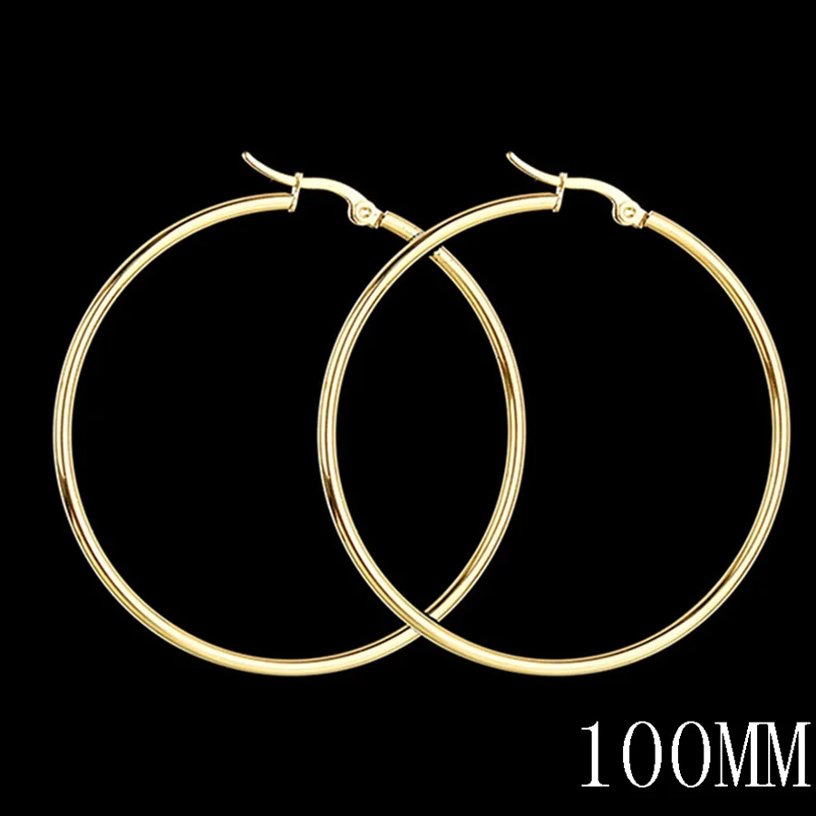 Gold 100mm HOBBORN, женские большие круглые серьги-кольца, нержавеющая сталь 316L, 20-100 мм, в стиле хип-хоп, для ночного клуба, антиаллергенные мужские серьги - Окраска металла: Gold 100mm