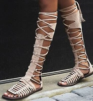 hot selling high quality grey suede leather lace up gladiator sandals boots for women fashion flat summer dress shoes woman free
