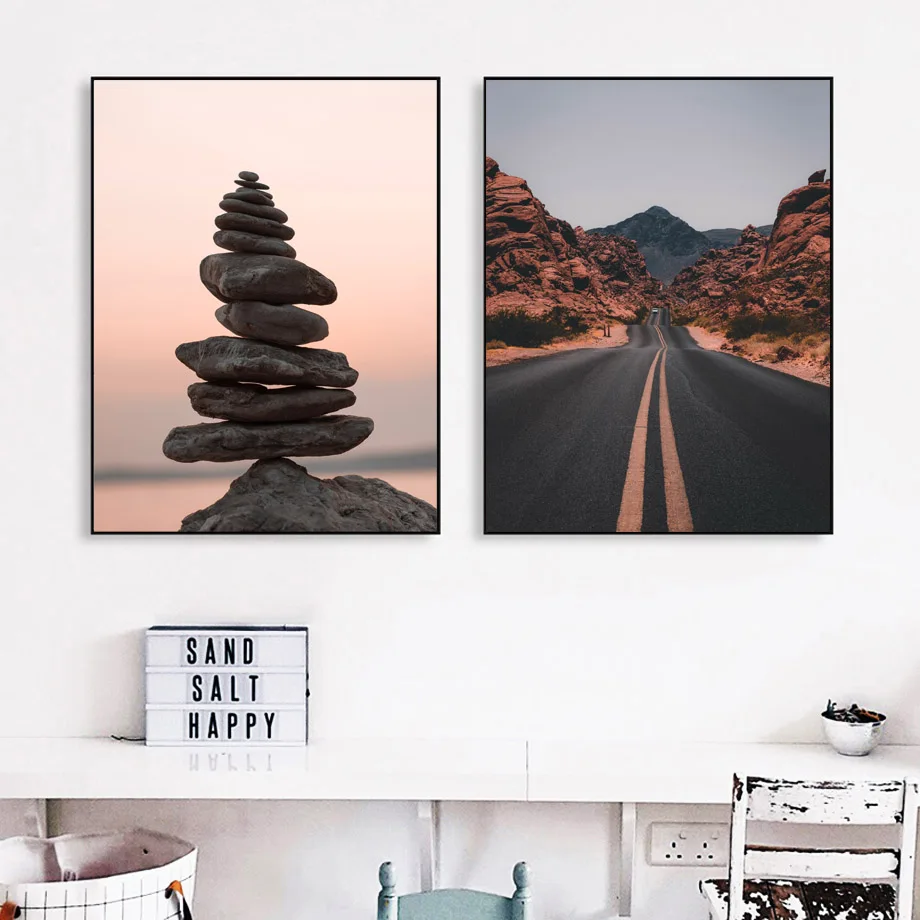 Дорога горный лес каменная башня настенная живопись холст скандинавские постеры