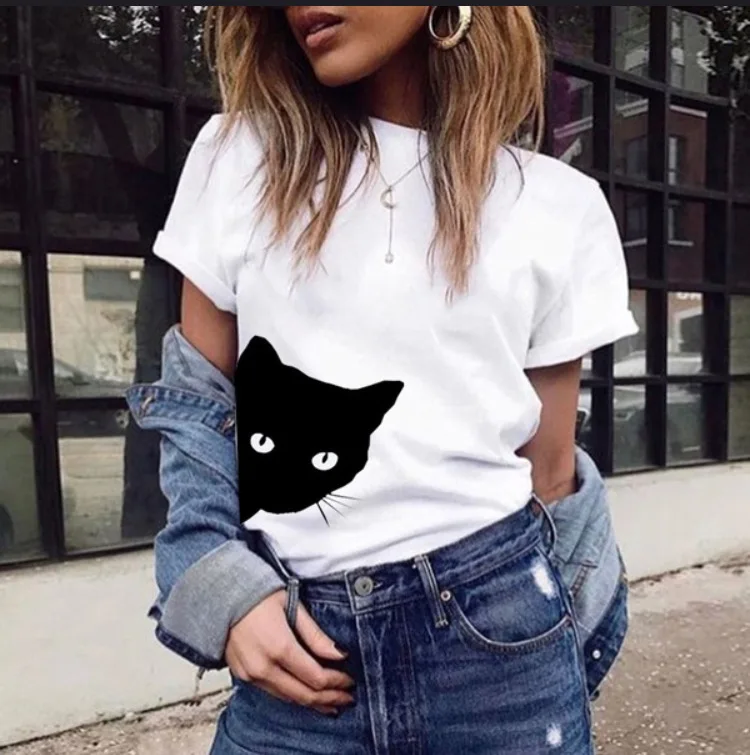 

Cat Pattern Print Round Neck Slim Short-sleeved T-shirt Female