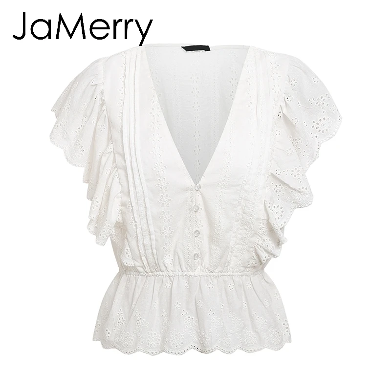 JaMerry Causal white embroidery lace hollow out blouse shirt women Ruffles woman blouse top Female elastic waist cotton tops - Цвет: Белый