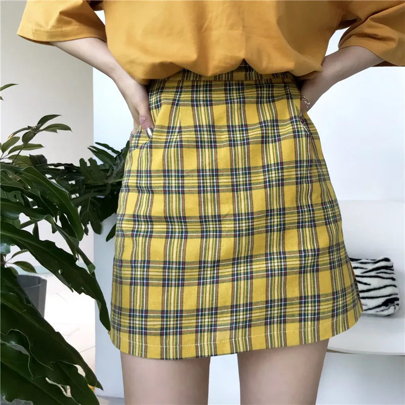 Женская клетчатая плиссированная юбка в стиле Харадзюку летняя желтая короткая