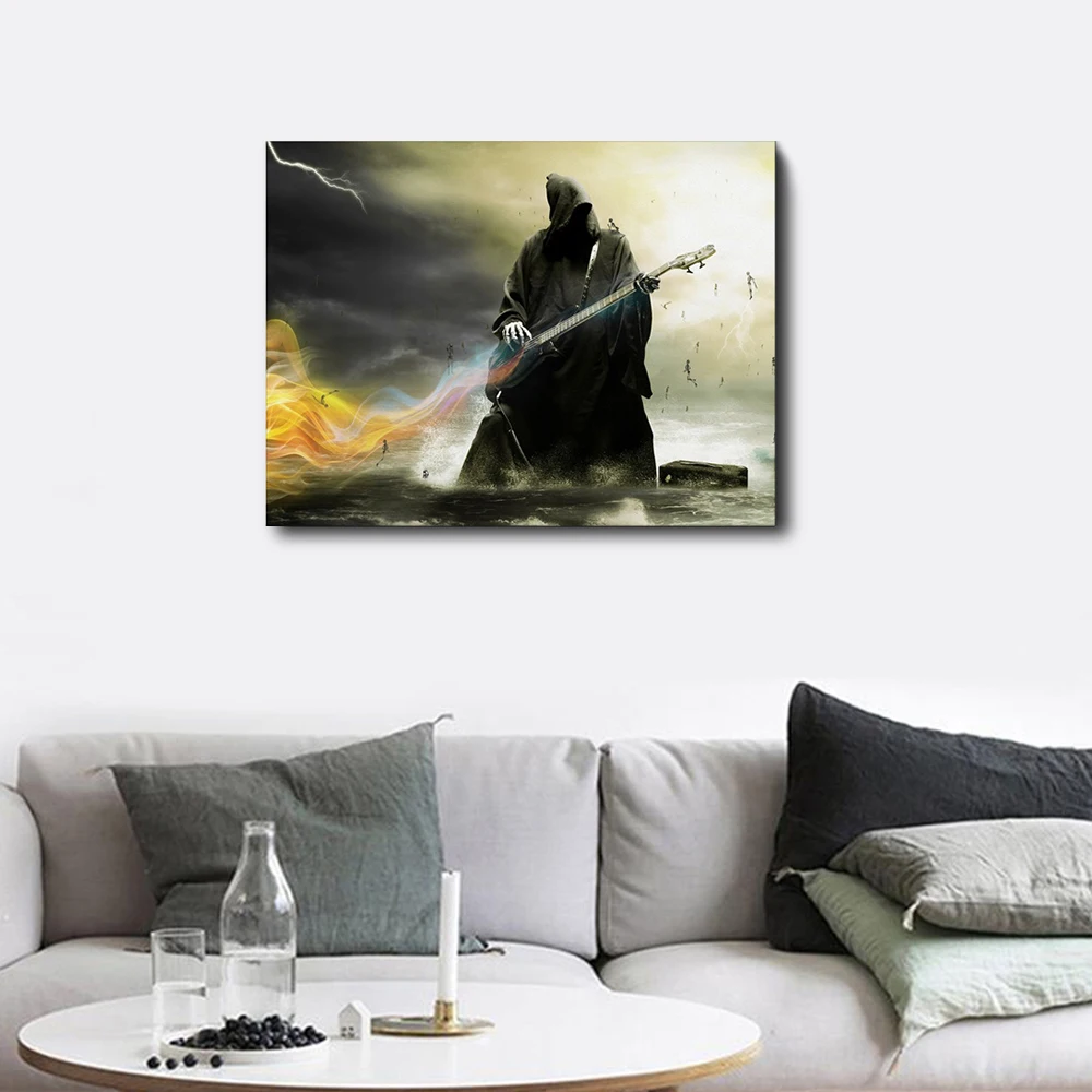 Laeacco Canvas Calligraphy Painting Rock Ghost Poster and Print Guitar Horror Theme Art Pictures For Living Room Home Decoration | Дом и сад