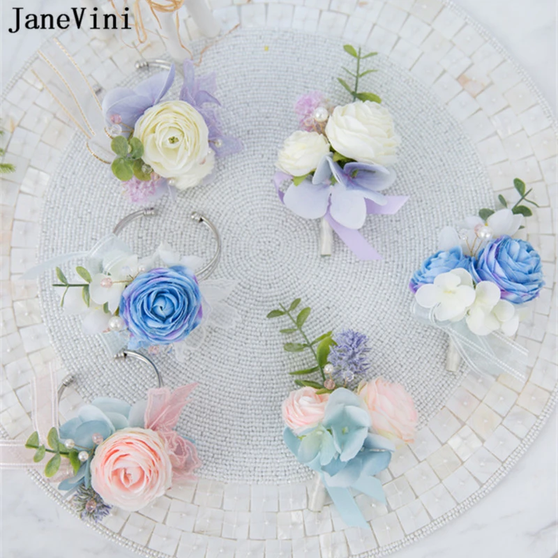 

JaneVini Romantic Wrist Corsage Bridal Hand Flowers Pearls Artificial Silk Flowers for Wedding Accessories Bracciali Damigelle