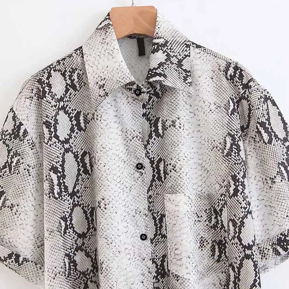 FIRSTTO/Модная однобортная блуза со змеиным принтом и отложным воротником рубашка с