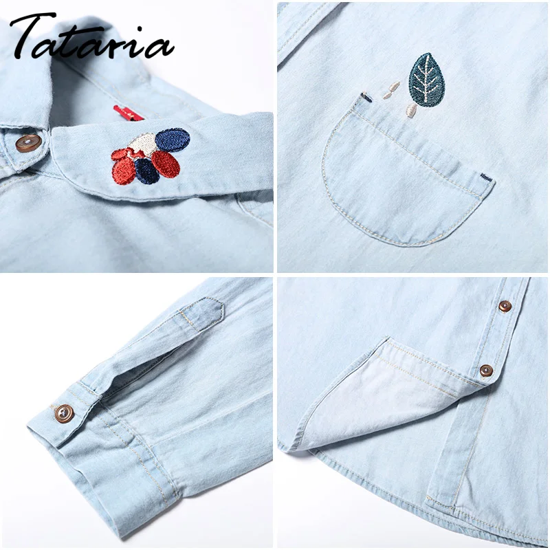 Женская джинсовая рубашка с длинным рукавом вышивкой|denim shirt women|women shirtsshirt women |