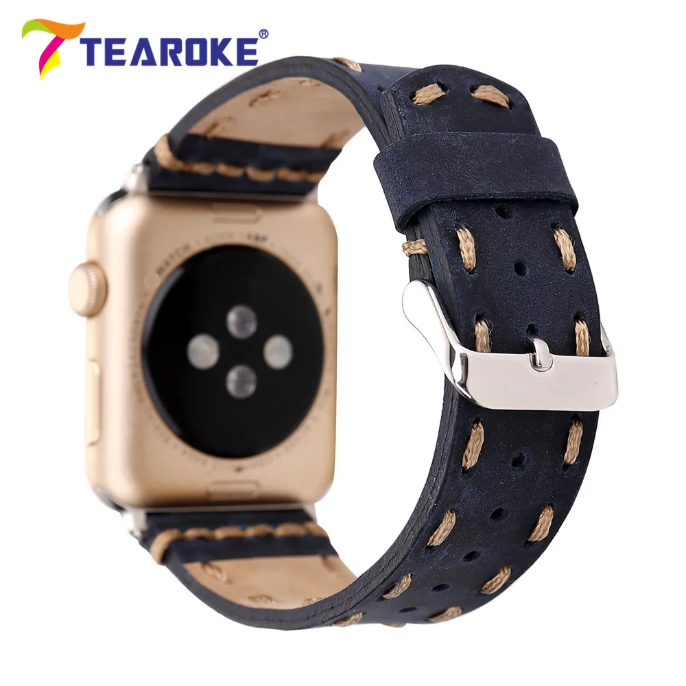 Ремешок для часов из натуральной кожи ручной работы в стиле ретро для Apple Watch 38 мм 42 мм синий сменный Браслет ремешок для iwatch 1 2 3