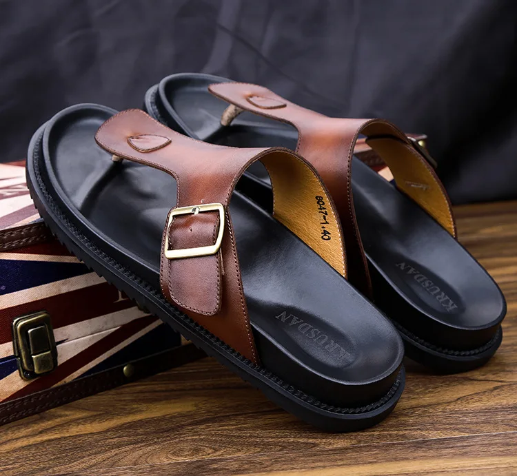 

2017 men's genuine leather sandals summer slippers beach shoes outdoor leisure sandals top quality slip on slippers EU44