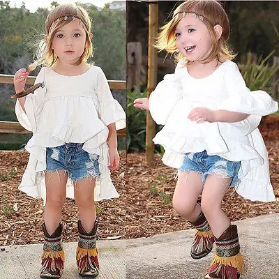 Новинка 2016 года модный топ для девочек детская футболка с оборками и