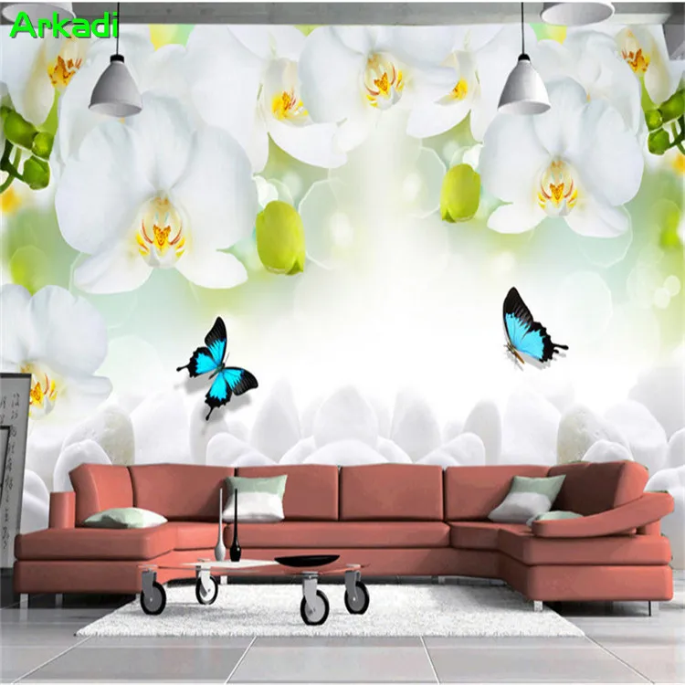 Modern minimalist white orchid flower butterfly photo wallpaper living room sofa TV background wall home decoration painting |
