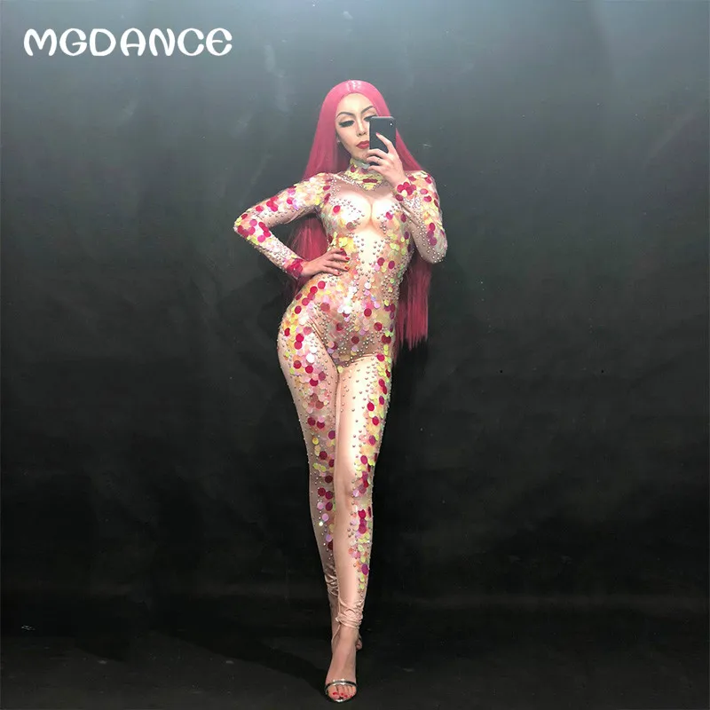 

Women Sexy Jumpsuit Full Sparkling Color Paillette Crystals Nightclub Birthday Party Stage Wear Costume womens clothing