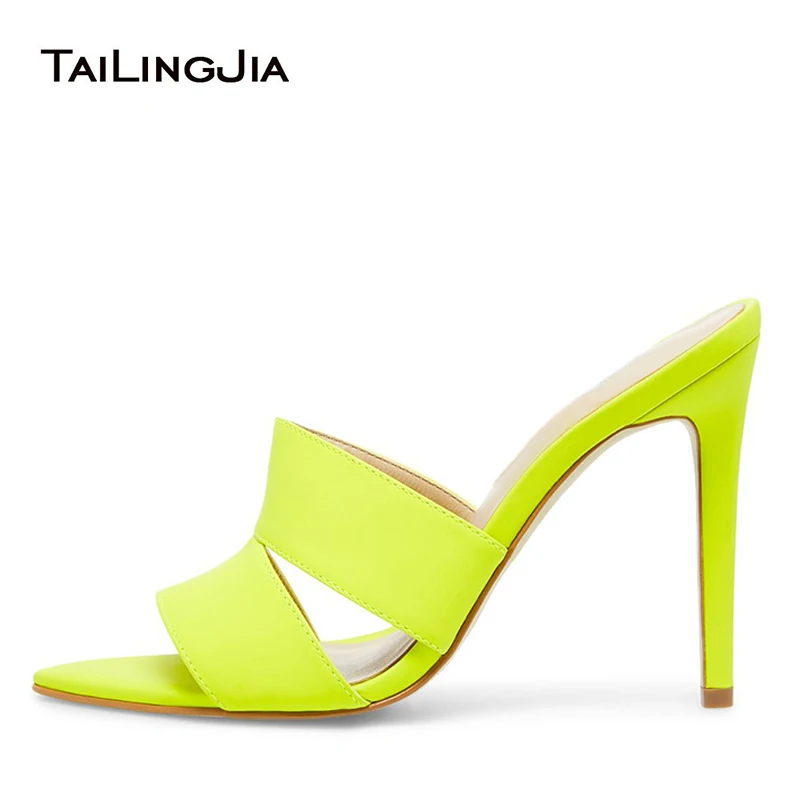 

Summer Neon Shoes 2022 Open Pointed Toe High Heel Mules Orange Womens Heeled Lemon Sandals Ladies Stiletto Heel Large Size Heels