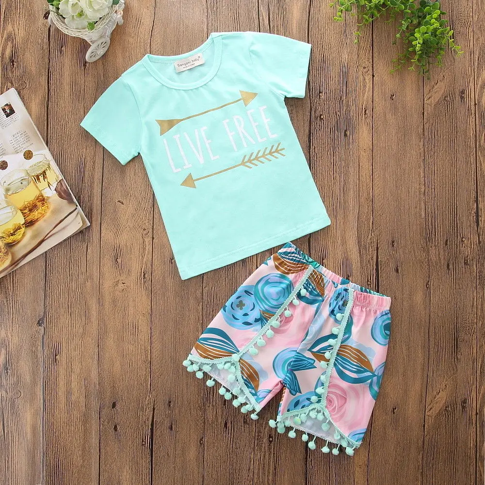 2018 Newborn Baby Kids Girls Cotton Ruffle T-shirt Tops+Mermaid Tassels Shorts Outfits Clothing Set | Детская одежда и обувь