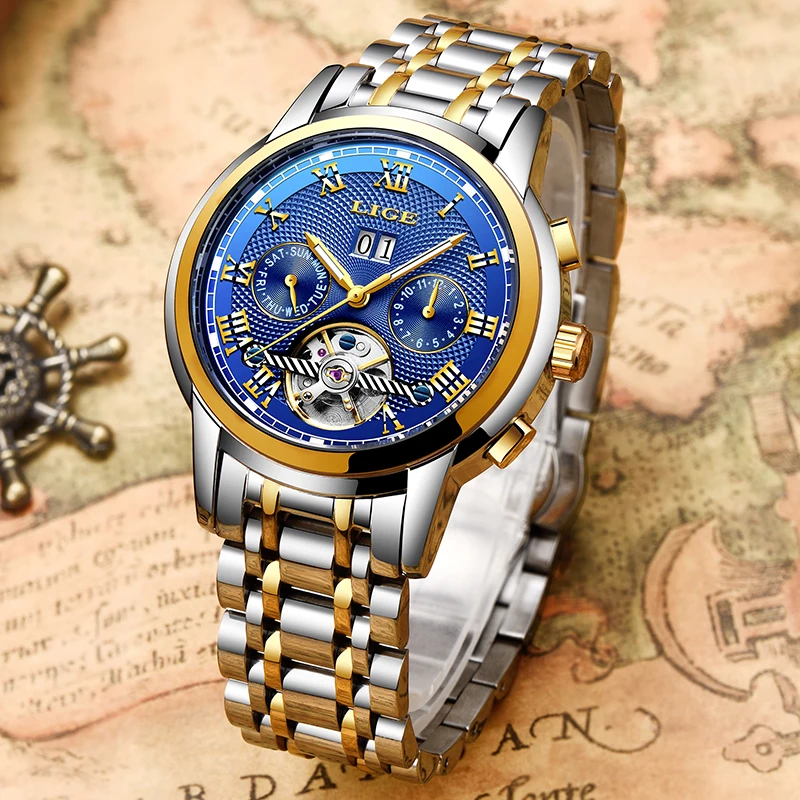 Мужские часы LIGE брендовые Роскошные автоматические в деловом стиле из стали